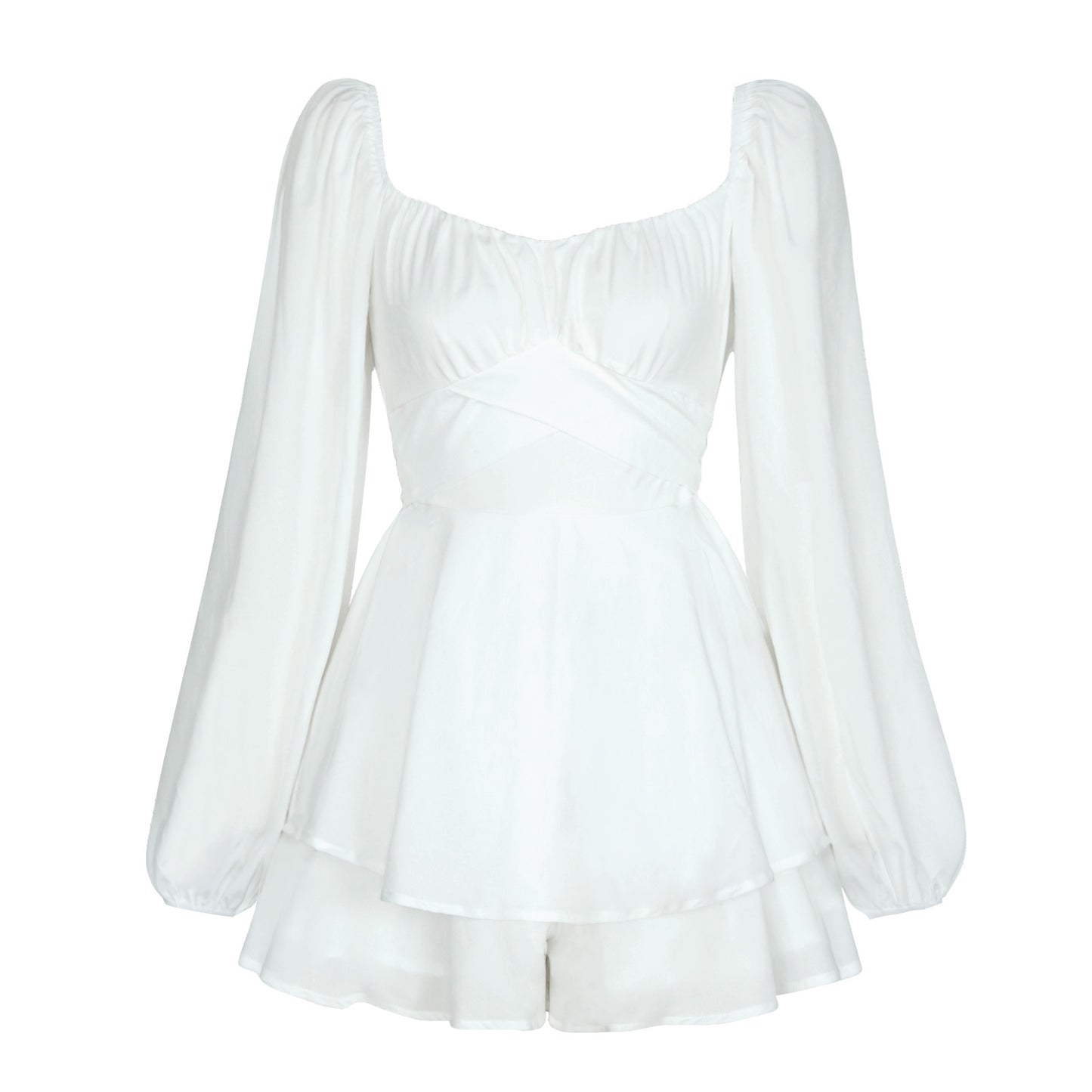 Solid-color square-necked lantern-style long-sleeved pleated skirt pants