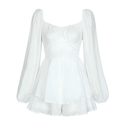 Solid-color square-necked lantern-style long-sleeved pleated skirt pants