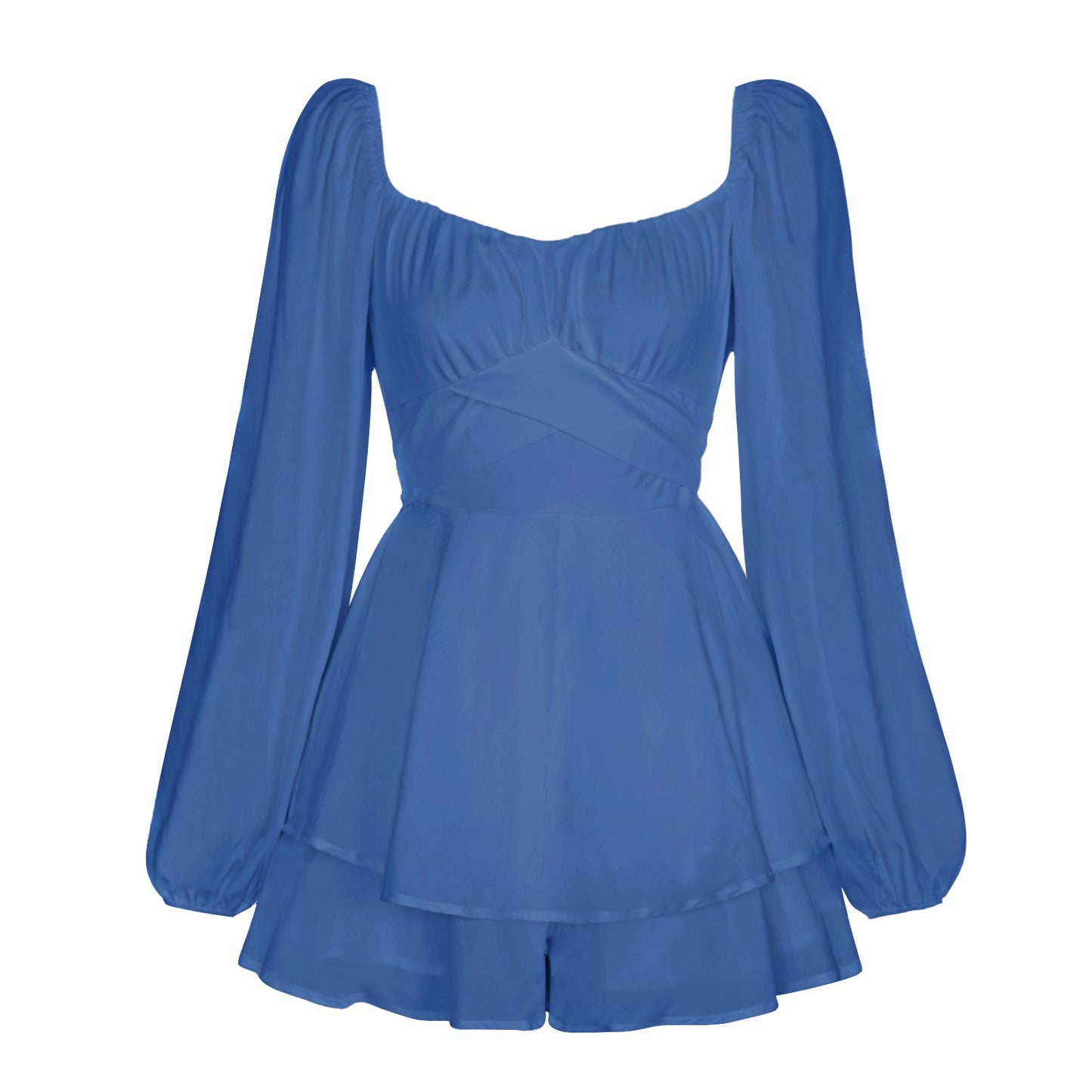 Solid-color square-necked lantern-style long-sleeved pleated skirt pants