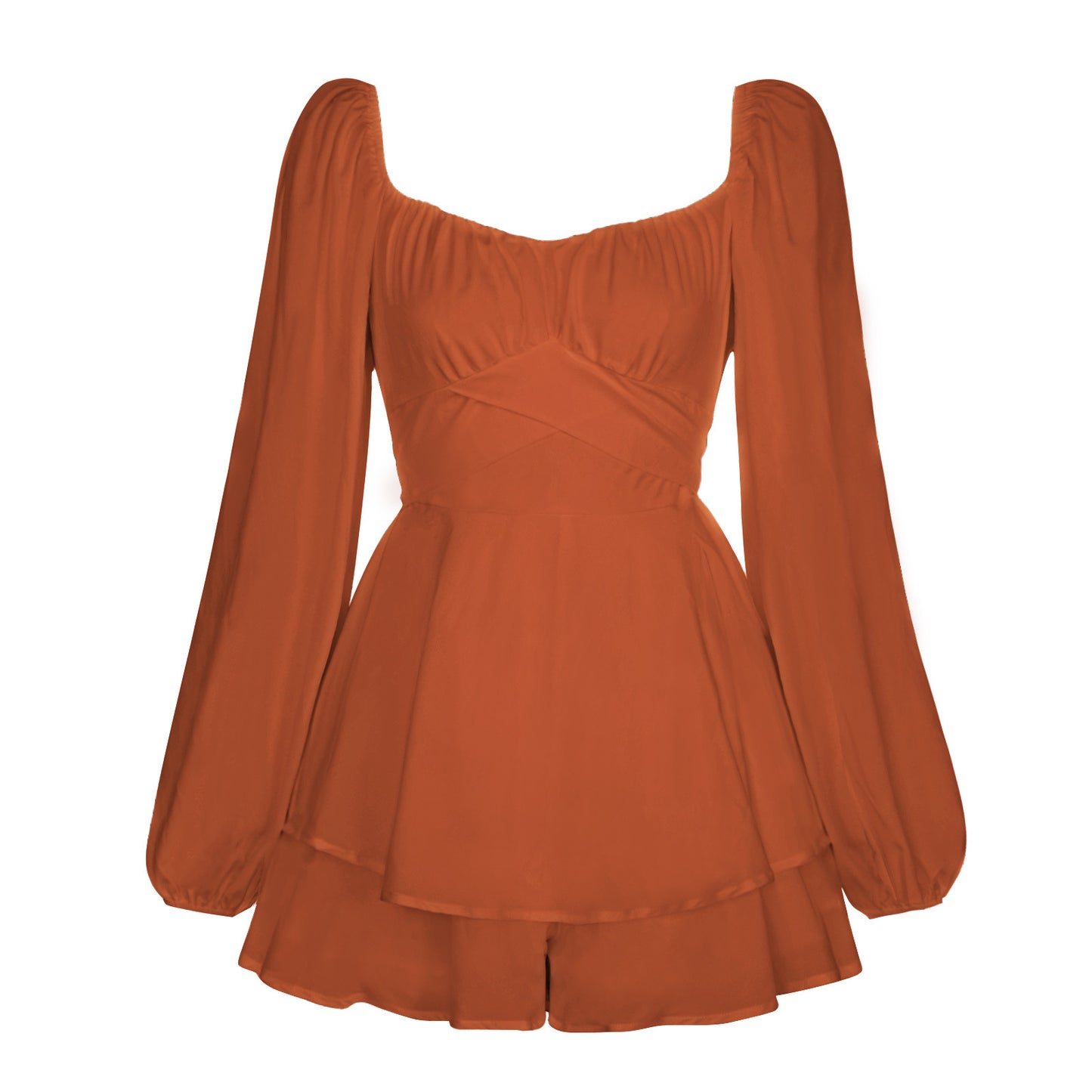 Solid-color square-necked lantern-style long-sleeved pleated skirt pants