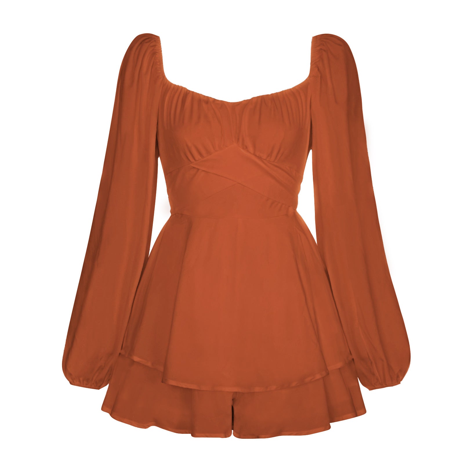 Solid-color square-necked lantern-style long-sleeved pleated skirt pants