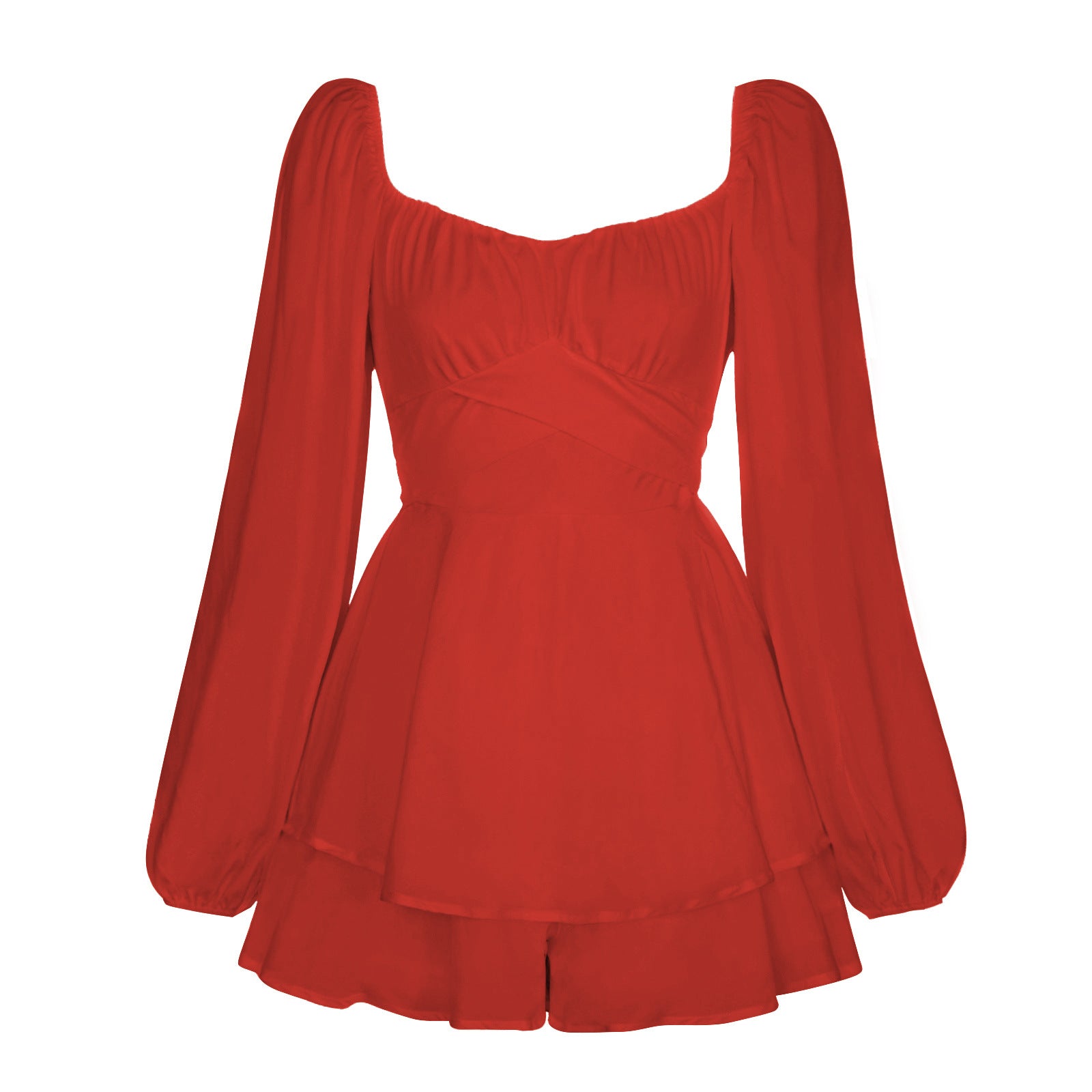 Solid-color square-necked lantern-style long-sleeved pleated skirt pants