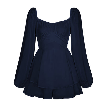 Solid-color square-necked lantern-style long-sleeved pleated skirt pants