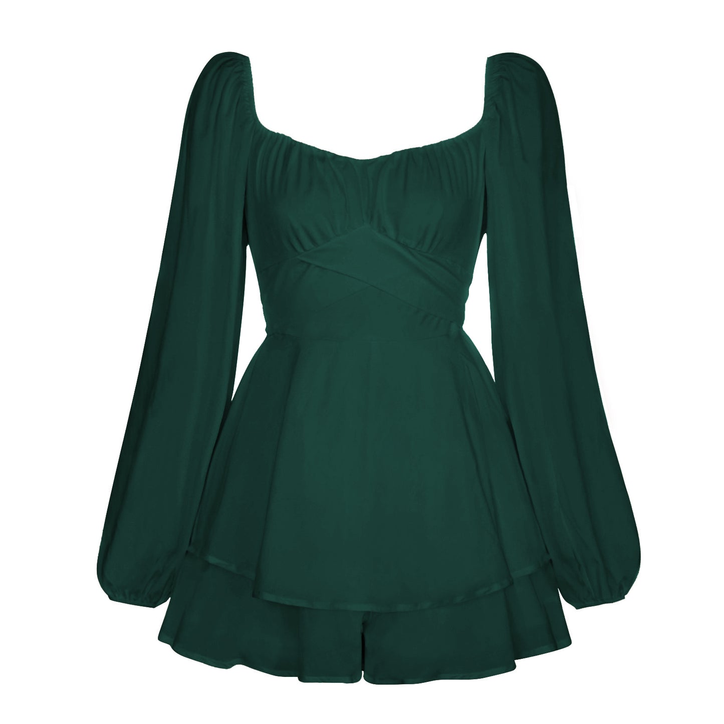 Solid-color square-necked lantern-style long-sleeved pleated skirt pants