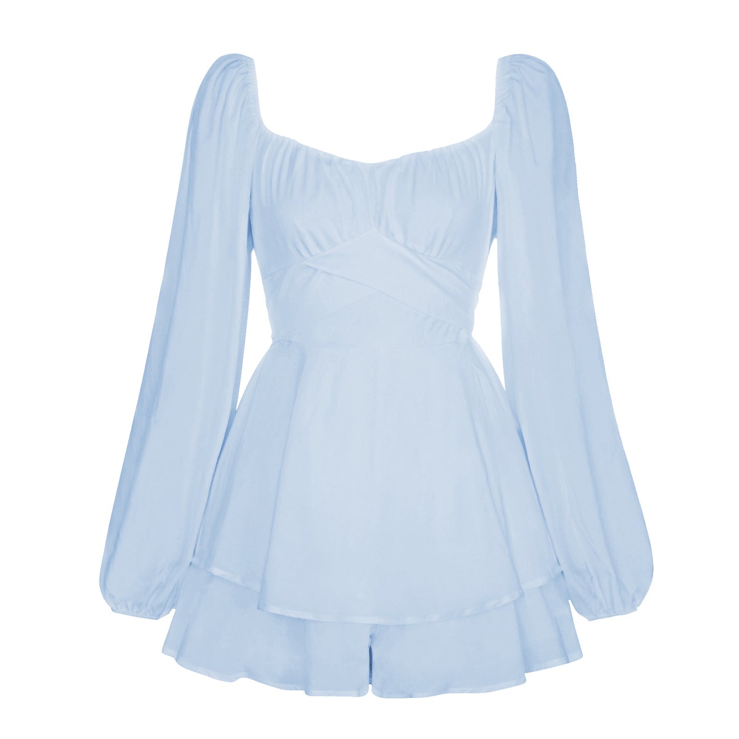 Solid-color square-necked lantern-style long-sleeved pleated skirt pants