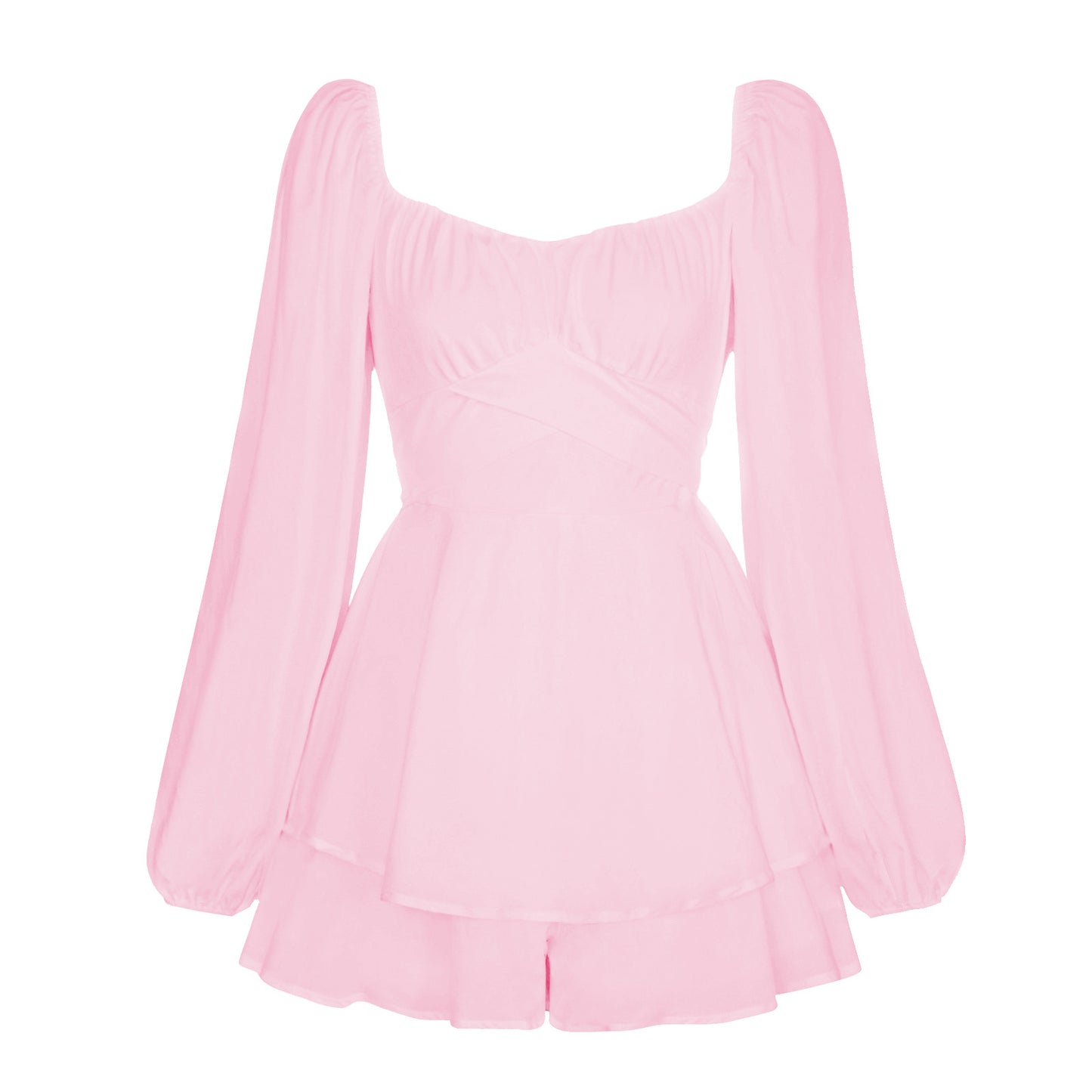 Solid-color square-necked lantern-style long-sleeved pleated skirt pants