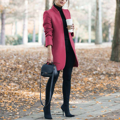 solid color stand collar wool coat