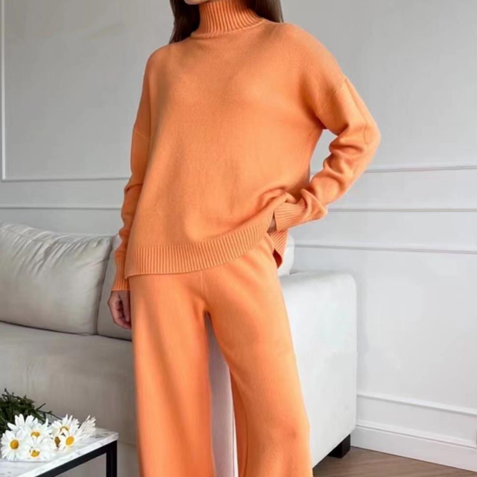 Solid-color Turtleneck Knit Set