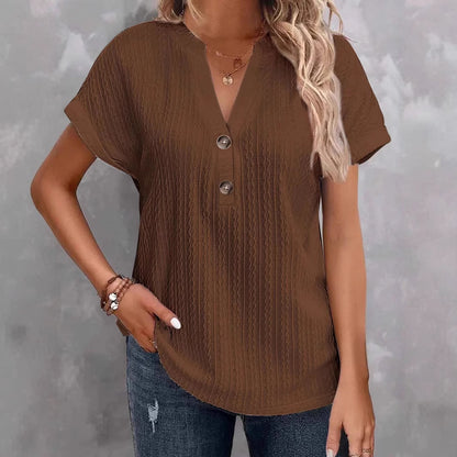 Solid color V collar button T-shirt