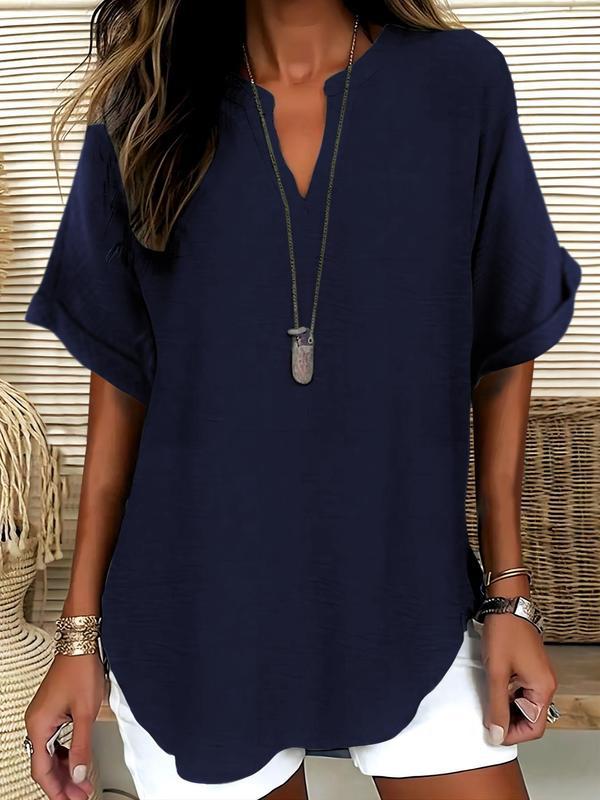 Solid-color V-neck casual blouse for women