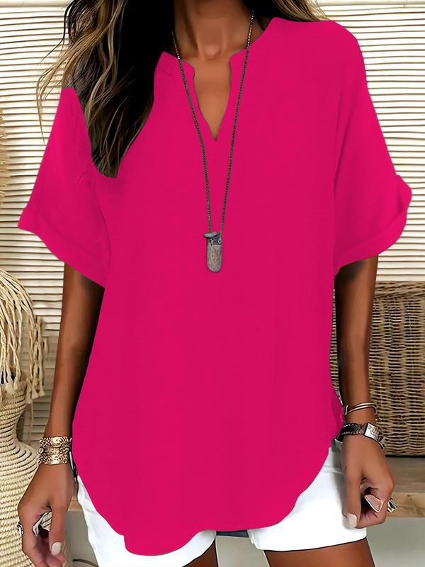 Solid-color V-neck casual blouse for women