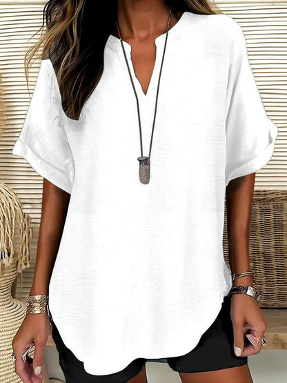 Solid-color V-neck casual blouse for women