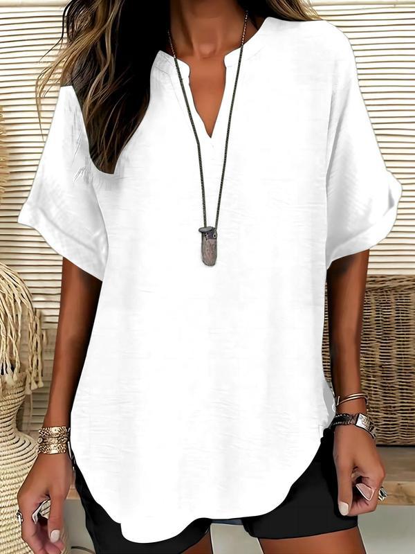 Solid-color V-neck casual blouse for women