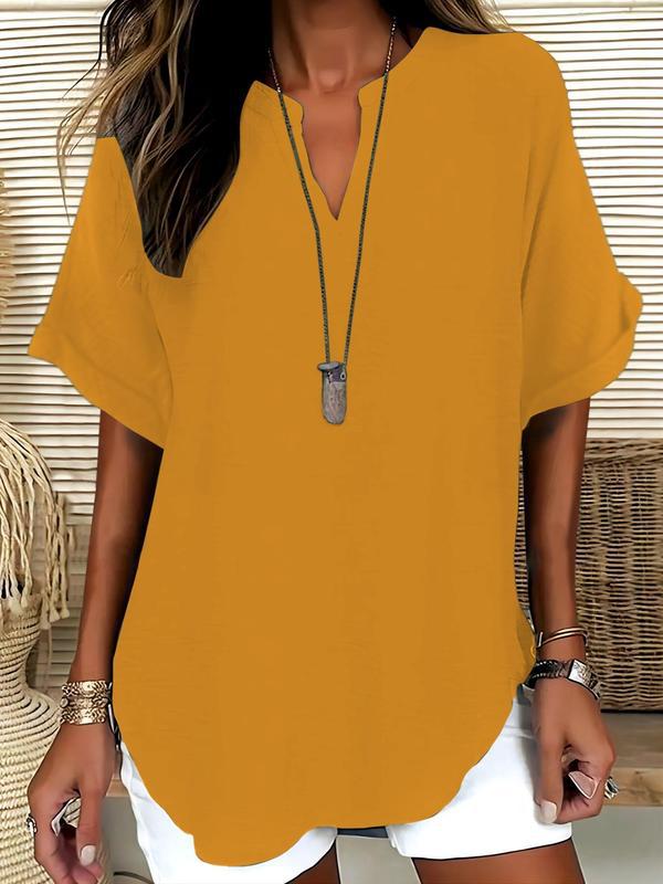 Solid-color V-neck casual blouse for women