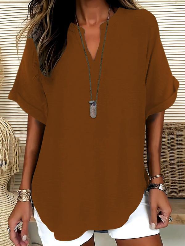 Solid-color V-neck casual blouse for women