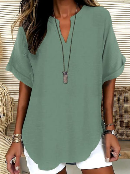 Solid-color V-neck casual blouse for women