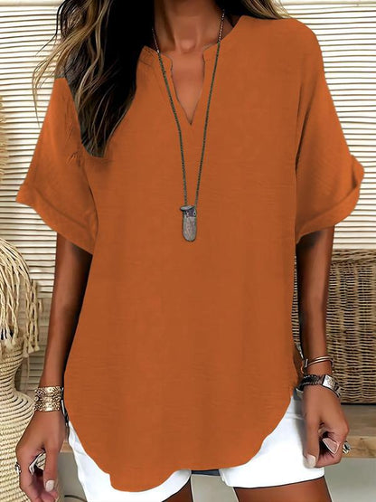 Solid-color V-neck casual blouse for women