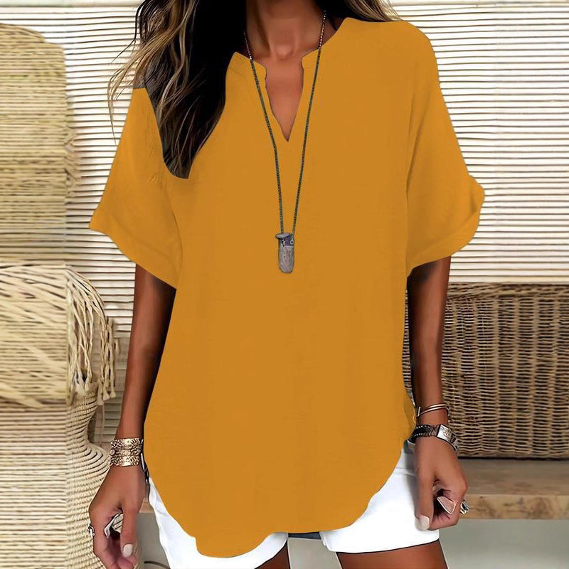 Solid-color V-neck casual blouse for women