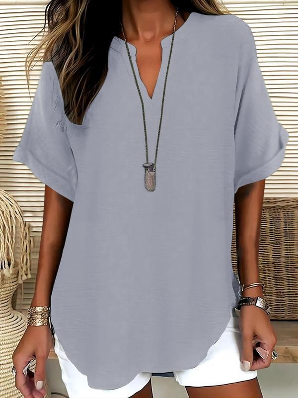 Solid-color V-neck casual blouse for women