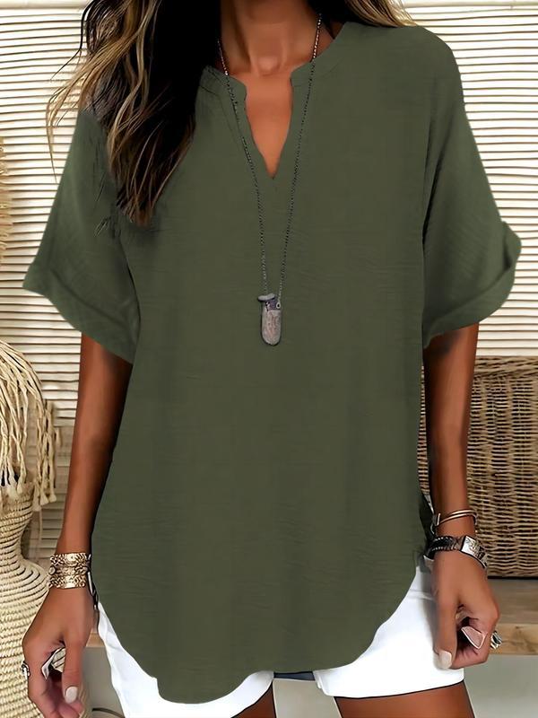 Solid-color V-neck casual blouse for women