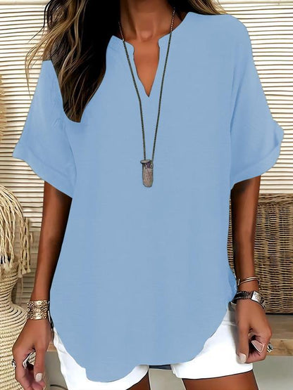 Solid-color V-neck casual blouse for women