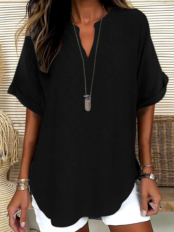Solid-color V-neck casual blouse for women