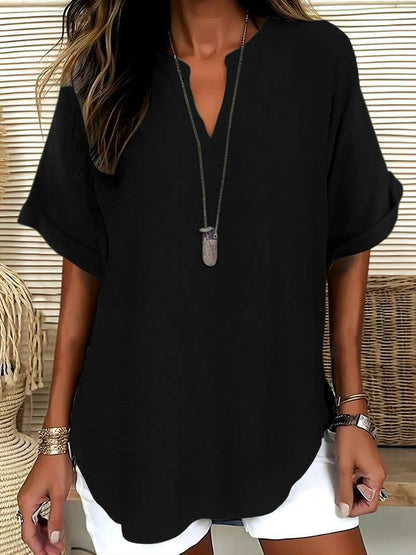 Solid-color V-neck casual blouse for women
