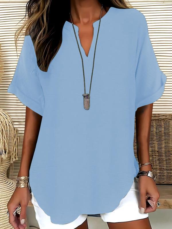 Solid-color V-neck casual blouse for women