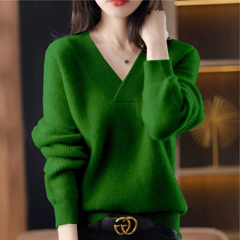 Solid-color V-neck knitted sweater