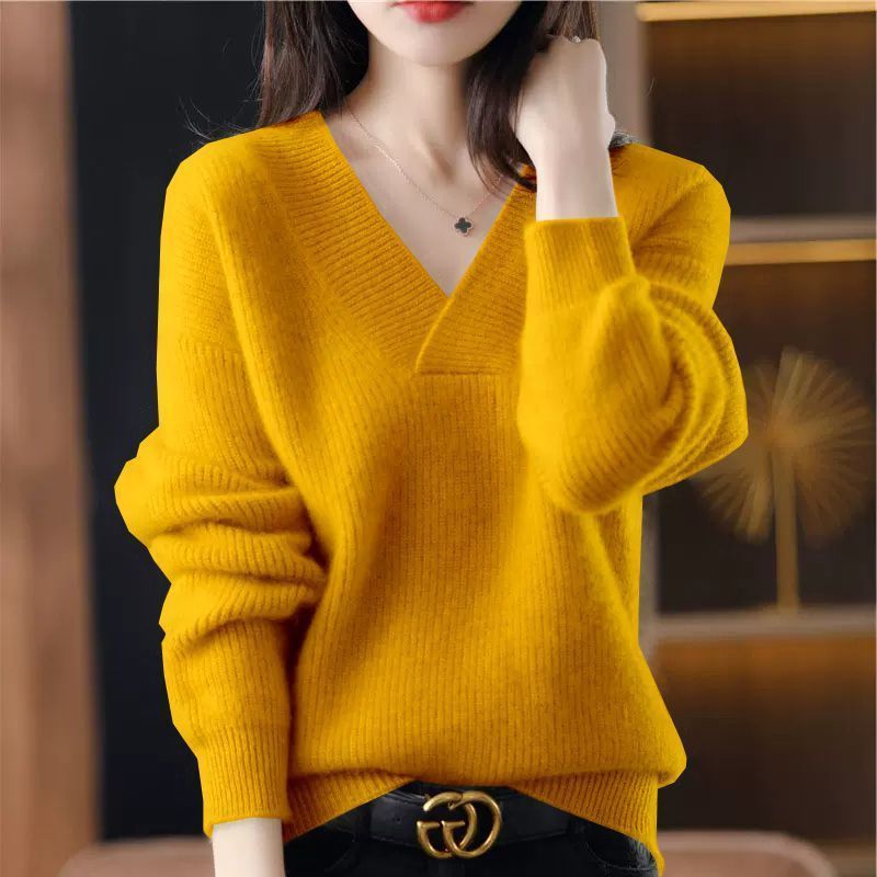 Solid-color V-neck knitted sweater