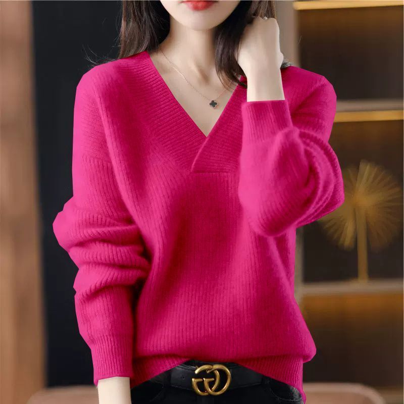 Solid-color V-neck knitted sweater