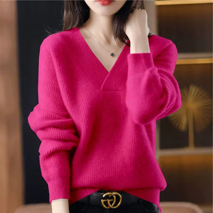Solid-color V-neck knitted sweater