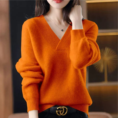 Solid-color V-neck knitted sweater