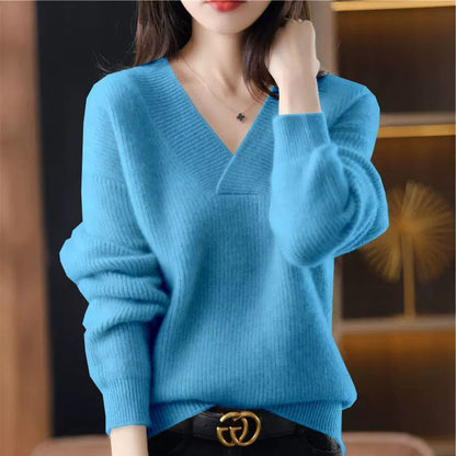 Solid-color V-neck knitted sweater