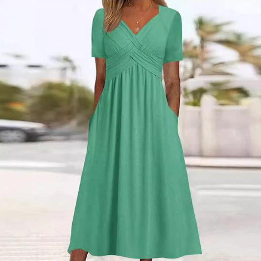 Solid-color V-neck short-sleeved dress