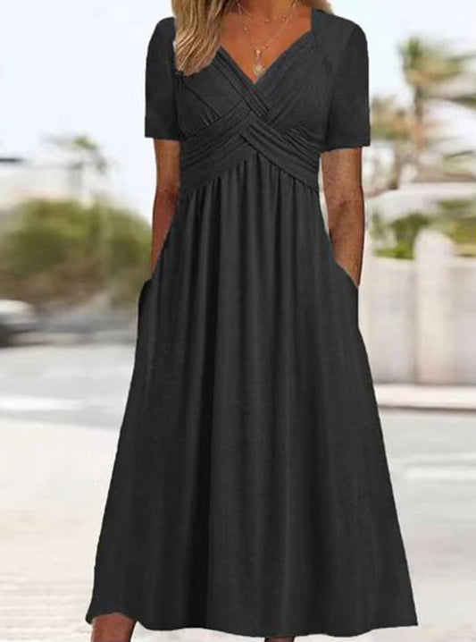 Solid-color V-neck short-sleeved dress