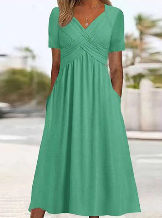 Solid-color V-neck short-sleeved dress