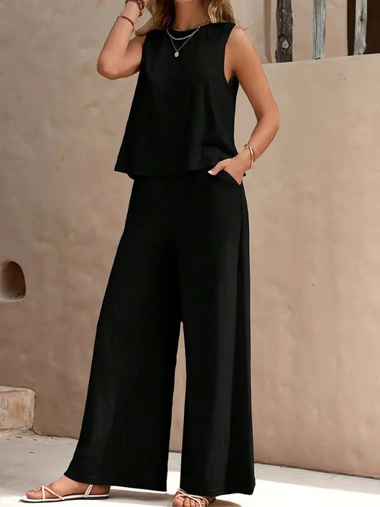 Solid color vest wide-leg women's clothing