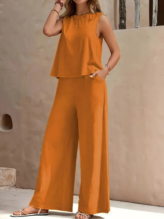 Solid color vest wide-leg women's clothing