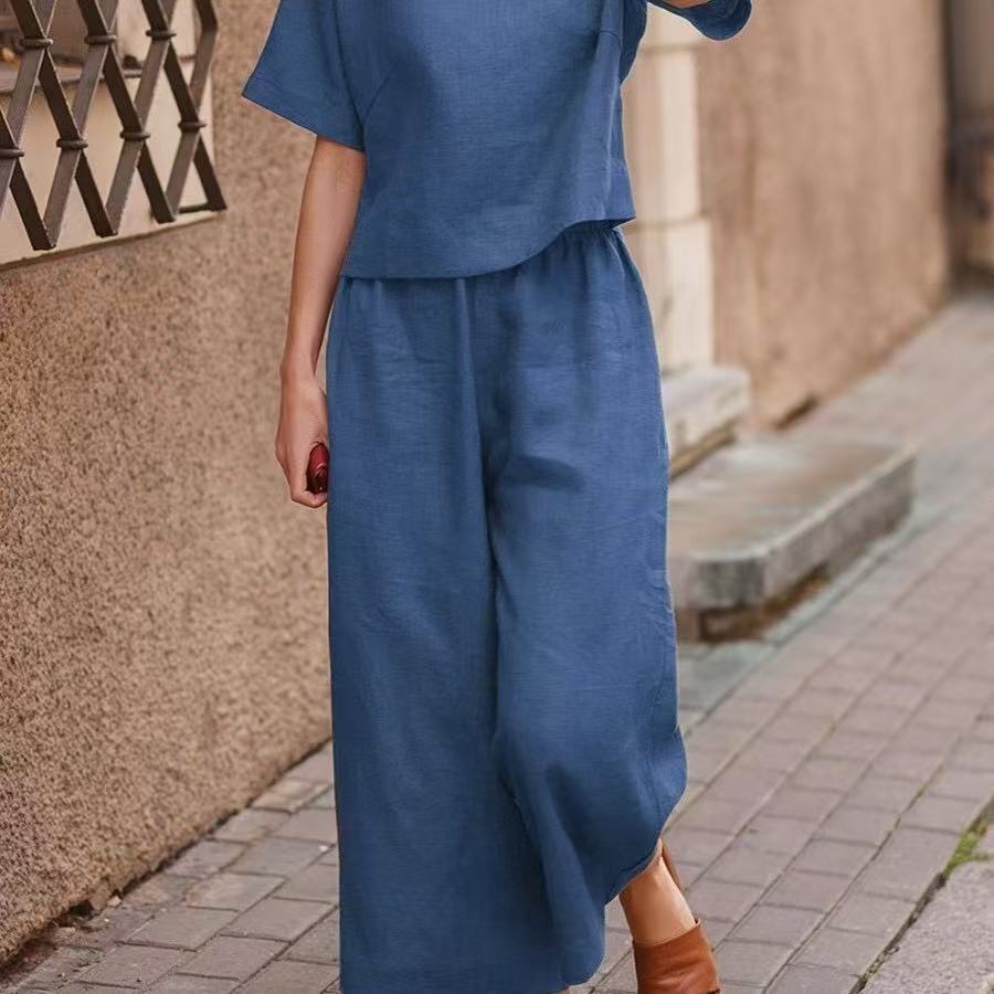 Solid Color Wide-Leg Long Pants Set Casual Two-Piece Set