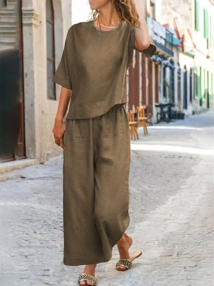 Solid Color Wide-Leg Long Pants Set Casual Two-Piece Set
