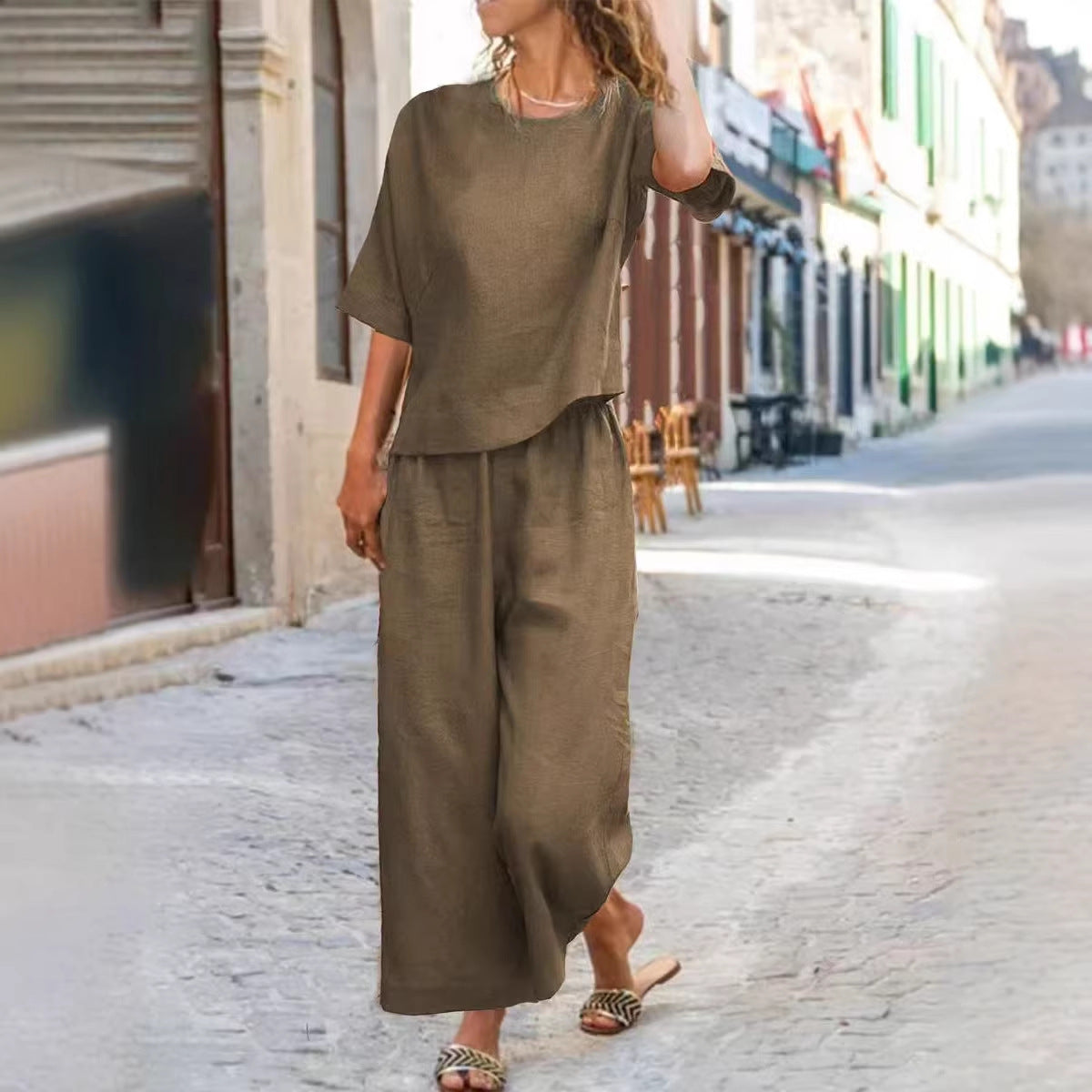 Solid Color Wide-Leg Long Pants Set Casual Two-Piece Set