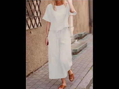 Solid Color Wide-Leg Long Pants Set Casual Two-Piece Set