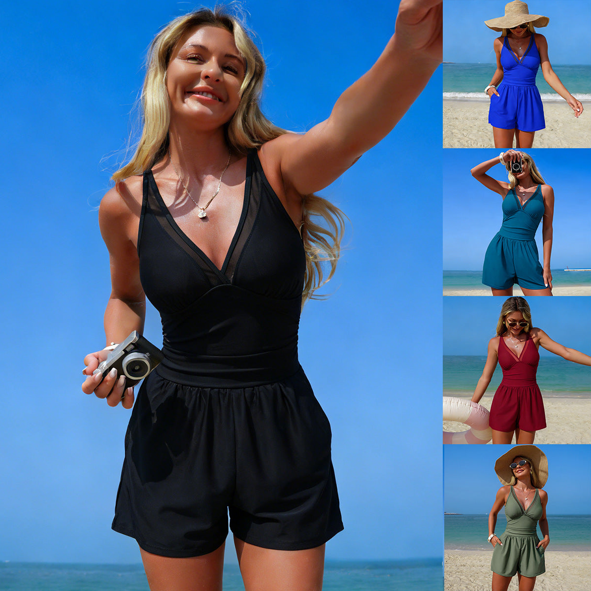 Solid-color women's hooded one-piece swimsuit