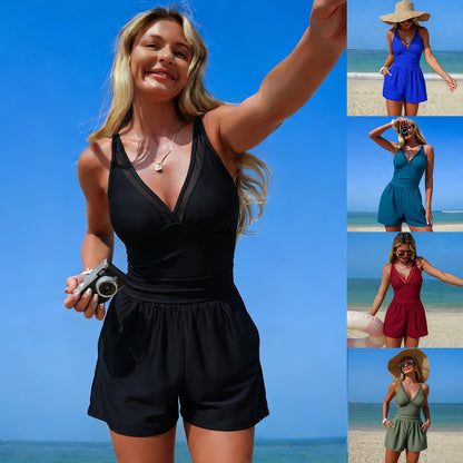 Solid-color women's hooded one-piece swimsuit