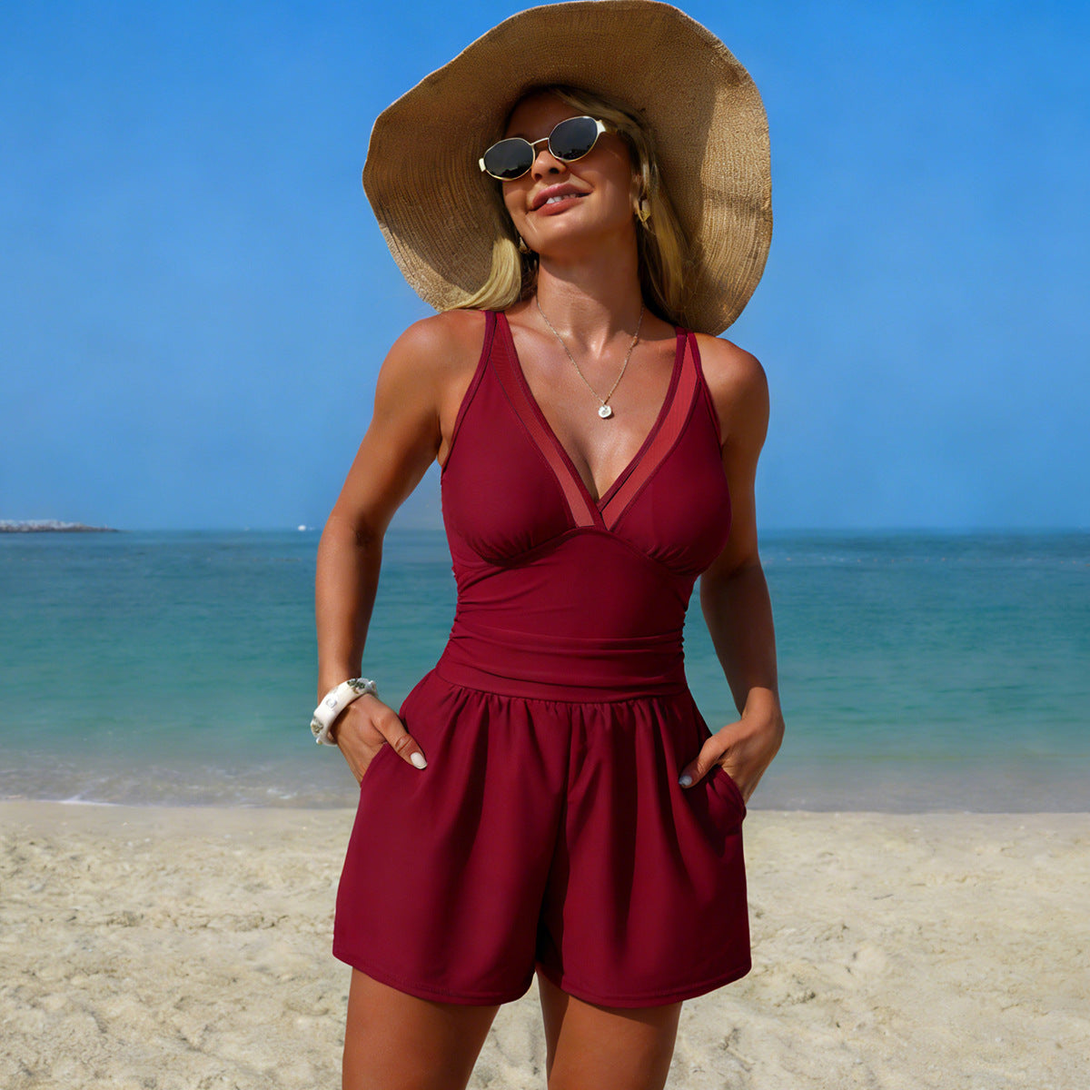 Solid-color women's hooded one-piece swimsuit