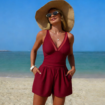 Solid-color women's hooded one-piece swimsuit