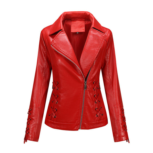 Solid-color women's leather coat