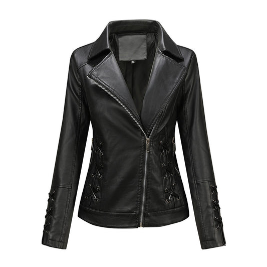 Solid-color women's leather coat