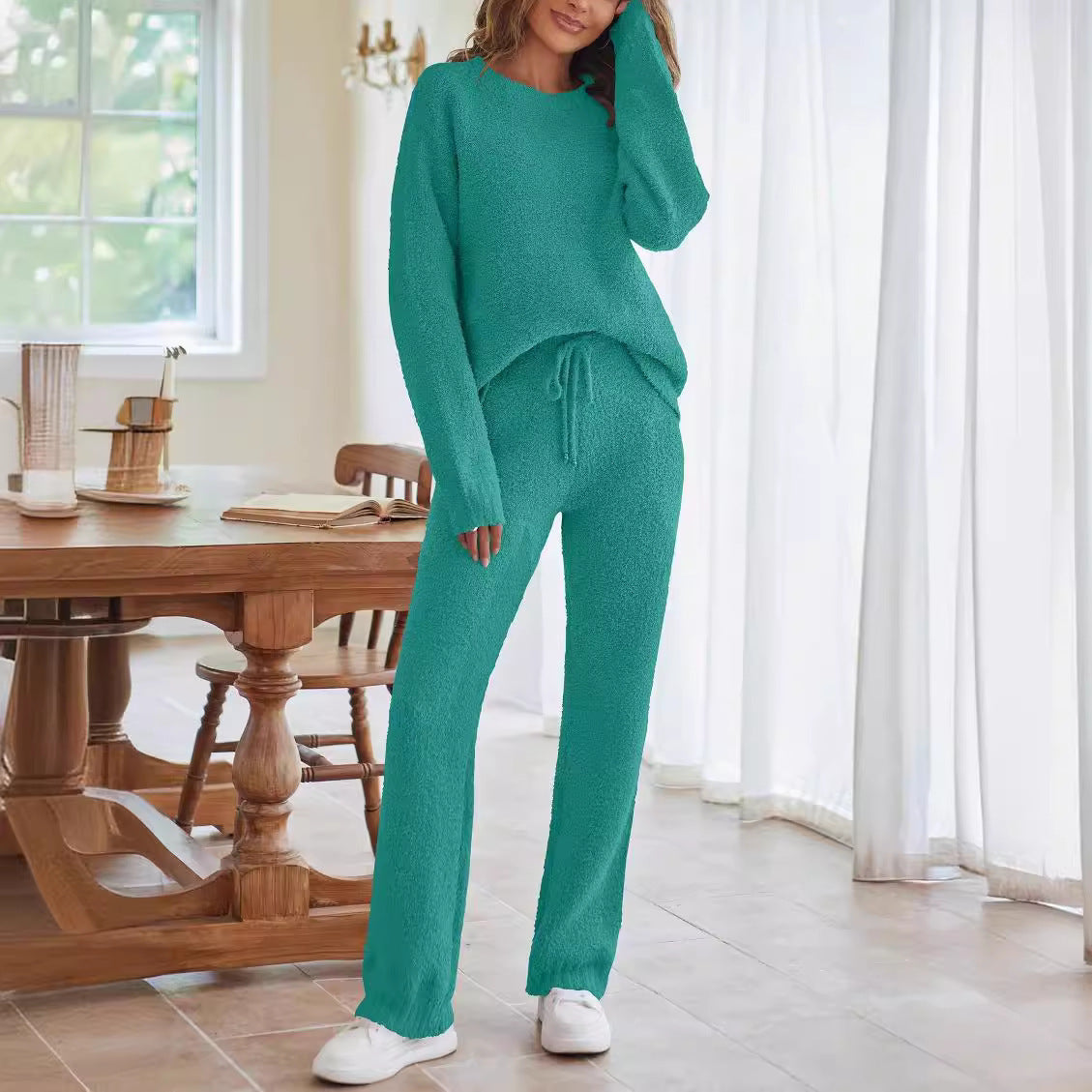 Solid Color Women's Long Sleeve Pants Suit